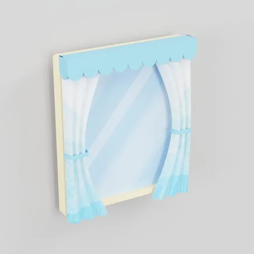 3D rendered model of a stylized window with curtains for Blender design projects.