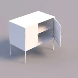 White minimalist 3D-rendered storage cabinet model with open door, compatible with Blender for interior design visualization.