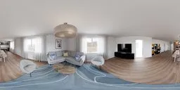 360-degree HDR panorama of a cozy modern living room with gray couch, wooden floor, and entertainment wall.