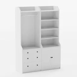 "White Hauga IKEA wardrobe with two drawers and cabinet. 3D model created in Blender 3D based on Latvian IKEA store instructions. Nonbinary character standing in 3/4 view with detailed body shape and 3D shadowing."