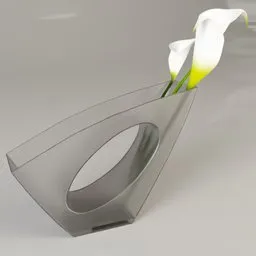 "3D model of a Frosted Glass Void Vase with flowers, inspired by Zaha Hadid architecture and featuring Celtic designs. Created with Blender 3D software."