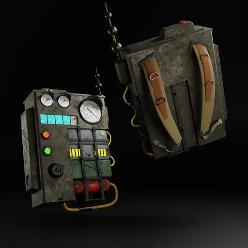 Detailed 3D render of a futuristic backpack with dials and buttons, compatible with Blender.