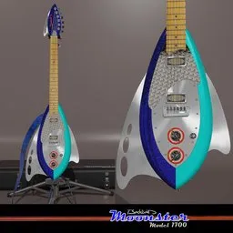Detailed 3D model of a futuristic electric guitar with accessories, compatible with Blender.