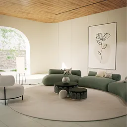 Modern 3D-rendered living room with stylish furniture, large windows, and nature view, designed in Blender.