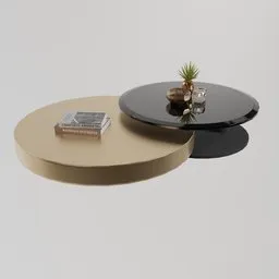"Minimalistic brass-plated table with plant decoration, ideal for 3D modeling in Blender 3D. Features textured disc base and top lid, coated in resin for a hyperrealistic aesthetic. Perfect addition to any zen-inspired scene or product catalog."