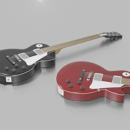 "Blender 3D model of a black and red Les Paul guitar with P90 pickups, also featuring a silver electric guitar. The 3D model showcases simplified forms, rounded corners, and a product render in Keyshot. Perfect for music and instrument enthusiasts."