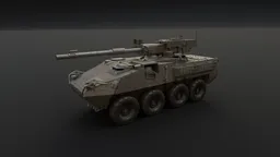 Highly detailed Blender 3D model of M1128 Stryker Mobile Gun System with 105mm cannon, suitable for military simulations and renders.