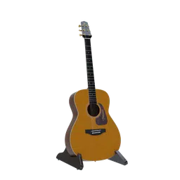 Detailed 3D model of an acoustic guitar on a stand, realistic strings and wood texture, ideal for Blender rendering.