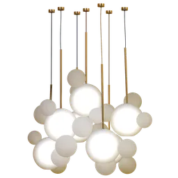 "Highly-detailed Frosted Blown Glass Bubble Ceiling Light 3D Model for Blender 3D. This photorealistic chandelier, inspired by luminist artist Camille Bombois, features white balls hanging from the ceiling in a yellow color scheme. With separate glass bubbles, lights, wires, and chandelier holder, this model is ready for rendering in Blender's Cycles engine, offering a clean and loop-based geometry."