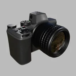 "Camera 35 Millimeter - 3D Model for Blender 3D, Photography Category" - A highly detailed, photo-realistic 3D model of a 35mm camera with a lens on a gray background. Inspired by Heinrich Bichler's EOS 5D, this in-game 3D model features a black design, textured with maximum detail to emulate reality. Perfect for your Blender 3D projects in the photography category.