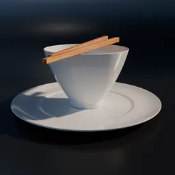 Realistic 3D model of a white porcelain cup with saucer and chopsticks, ideal for Blender 3D interior scenes.