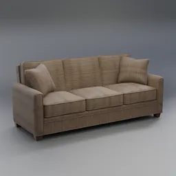 High-quality 3D model of a fabric sofa with wood frame for Blender rendering, featuring realistic textures and detailed cushions.