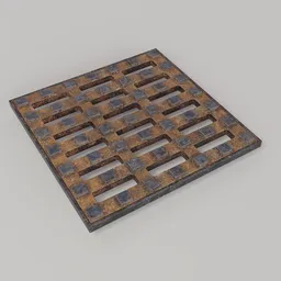 "Cityscape-themed 3D model of a Manhole Cover 04, featuring a metal grate with square patterns, a combination of copper oxide and rust materials. This Blender 3D model showcases a stylized border, concrete composition, and realistic textures, suitable for urban environments, sewer systems, and storm drains."