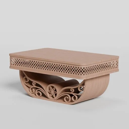 3D rendered coffee table with intricate cinnamon-inspired motifs, ideal for Blender 3D artists seeking unique living room furniture models.