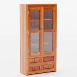 Detailed wooden 3D cabinet model with glass doors and drawers, created in Blender, suitable for interior design visualization.