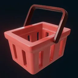 "Cartoon-style red shopping basket with metal handles and iridescent specular highlights, rendered in Unreal 5 using toon shading. Ideal for use as a videogame asset or for top-down lighting in a retail setting. Created using Blender 3D software."