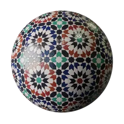 High-resolution Moroccan Zellij pattern PBR material for Blender 3D, tileable and semiprocedural texture inspired by historic Madrasa design.