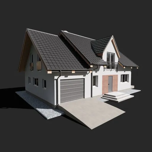 3D rendered model of a detailed residential house with a garage, compatible with Blender for architectural visualization.