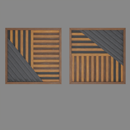 "Wooden mosaic wall art 3D model for Blender 3D - Decorative interior asset with hand-painted textures and two wooden squares in different colors. Featuring hazard stripes, reflective metallic, and peaked wooden roofs. Created by Muggur and Harvey Quaytman."