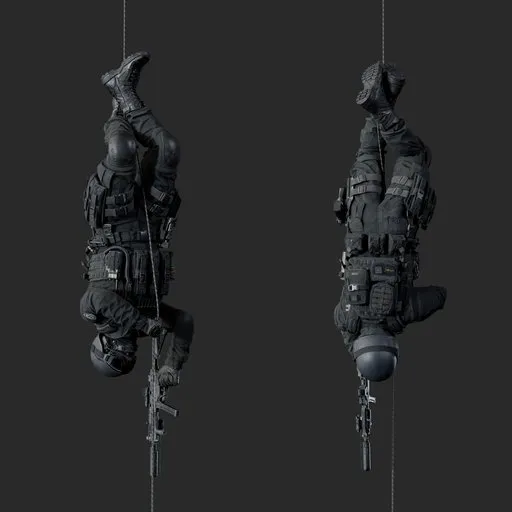Police Tactical Unit Inverted Rappelling Aiming Black