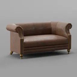Detailed 3D brown velvet sofa with golden legs for Blender rendering, optimized for interior design visuals.