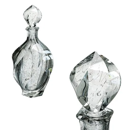 Realistic Blender 3D model of glass perfume bottle with intricate design details for interior visualization.