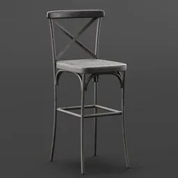 High-detail 3D rendering of a metal bar stool for Blender modeling projects, with a weathered texture finish.