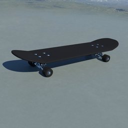 Detailed 3D skateboard model with wheels and deck, suitable for Blender 3D rendering and extreme sports simulations.
