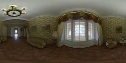 Elegant interior HDR panorama featuring classic wallpaper, window drapes, and sofa for realistic lighting in 3D scenes.