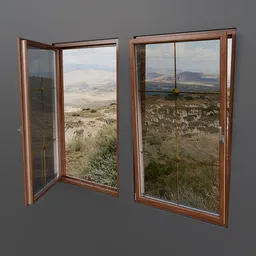 Realistic Blender 3D model of an open wooden window with clear glass panes and detailed textures.