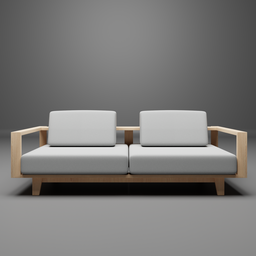 "WOOD Sofa - 3D model for Blender 3D. White couch with two chairs, featuring detailed oak wood. By Marten Post and Andrew Law, with orthographic front view and procedural rendering."