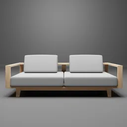 "WOOD Sofa - 3D model for Blender 3D. White couch with two chairs, featuring detailed oak wood. By Marten Post and Andrew Law, with orthographic front view and procedural rendering."