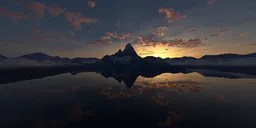 Stunning aerial twilight HDR reflecting serene mountain glacier lake with a dramatic sunset sky.