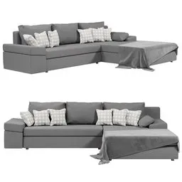 "High poly fabric sofa with pull out bed and chair in grey colors, created in Blender 3D. This 3D model showcases beautiful shapes and realistic details, ideal for designers working on interior visualization projects or those looking for a versatile sofa option. Explore this sofa model from multiple views, including top and side, and discover its unique style influenced by nekroxiii."