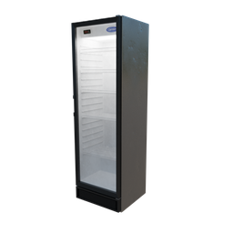 Realistic 3D model of a standalone glass door refrigerator with shelves, suitable for retail visualizations in Blender.