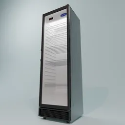 Detailed 3D model of a commercial glass door refrigerator with empty shelves, optimized for Blender rendering.