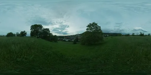 360-degree HDR panorama of evening hillside with overcast sky and village view in 8K quality.