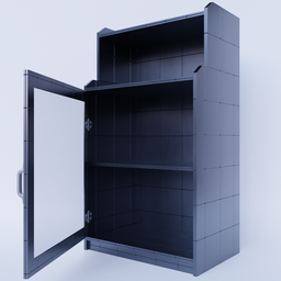 "Small metal kitchen cabinet 3D model in Blender with open door. Monochrome design with black finish on a white background. Ideal for shelving and storage."