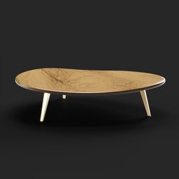 "Triangular Center Table - 3D model for Blender 3D. Simple and elegant Scandinavian design on a textured base crafted from Elm wood in 2019. Features a gold gilded circle halo and a panoramic anamorphic viewpoint."