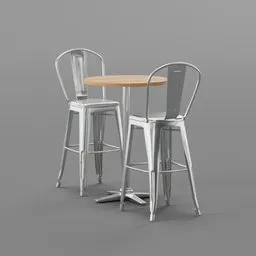 "Restaurant bar stool and table 3D model for Blender 3D. Featuring reflective metal and complementary rim lights, this American canteen creation by Constant is perfect for adding realistic and modern touches to your design projects."