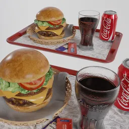 "3D model of a delicious burger and CocaCola on tray, perfect for restaurant and bar scenes in Blender 3D. High quality 8K definition and realistic lighting for an immersive experience. Created using BlenderKit and available for download now!"