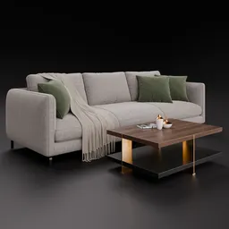 Realistic 3D modeled contemporary fabric sofa with matching coffee table, designed for Blender rendering.