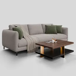 Realistic 3D modeled contemporary fabric sofa with matching coffee table, designed for Blender rendering.
