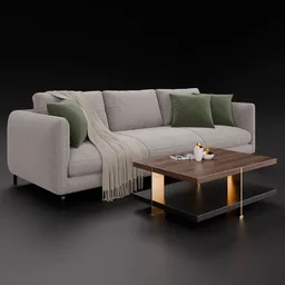 Realistic 3D modeled contemporary fabric sofa with matching coffee table, designed for Blender rendering.