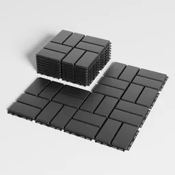 3D model of durable, wood-plastic composite deck tiles for patio, resistant to moisture, splitting, fire, and corrosion.