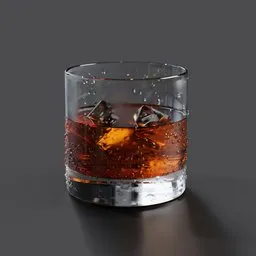 Realistic 3D-rendered glass filled with carbonated beverage, ice cubes, and condensation detail, perfect for Blender projects.