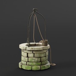 3D-rendered old stone well with bucket, moss-covered textures, designed for Blender users and 3D enthusiasts.