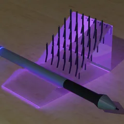 "Glass-like Drawing Tablet Penholder for Blender 3D, inspired by Vtuber series. Purple volumetric lighting and thin spikes create a unique design. Modeled in Poser and rendered in 16k resolution."