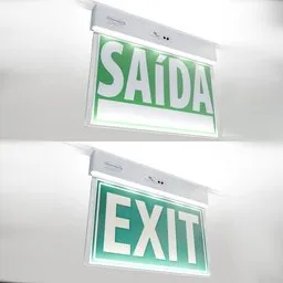 Dual-language LED exit sign 3D model with interchangeable Portuguese/English materials for Blender.