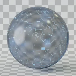 High-tech translucent PBR material with illuminated circuit patterns for Blender 3D modeling and rendering.